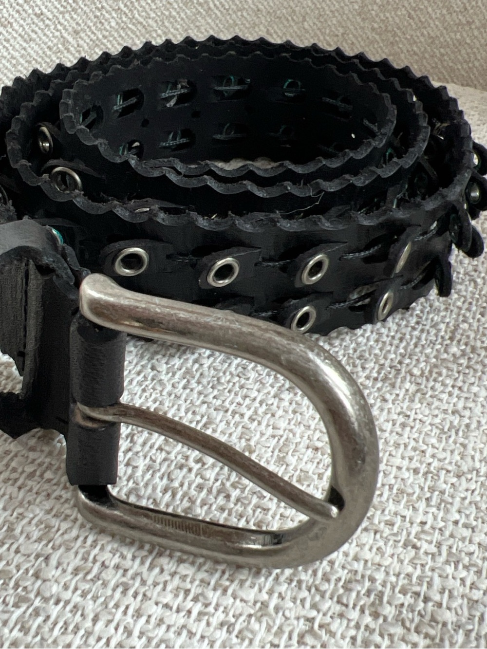 Black Leather Womens Grommet Belt with Silver Buckle